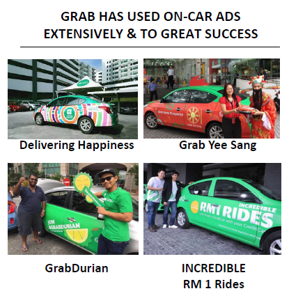 Grab car wrap — on-car advertising collage (Delivering Happiness, Yee Sang, Durian, RM1 Rides)