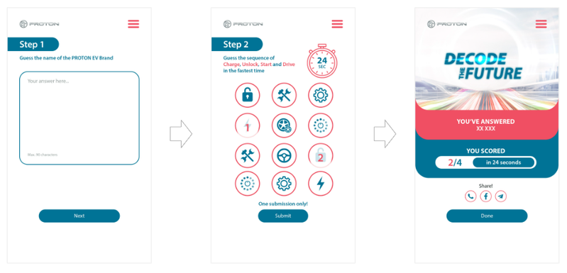 PROTON e.MAS — Decode the Future digital engagement contest UI (3 steps)