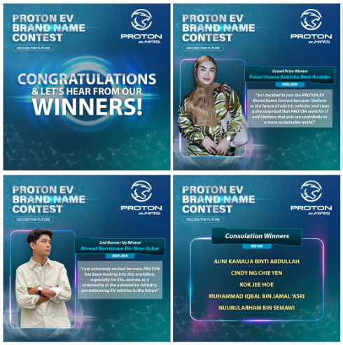 PROTON EV Brand Name Contest — winners announcement panels